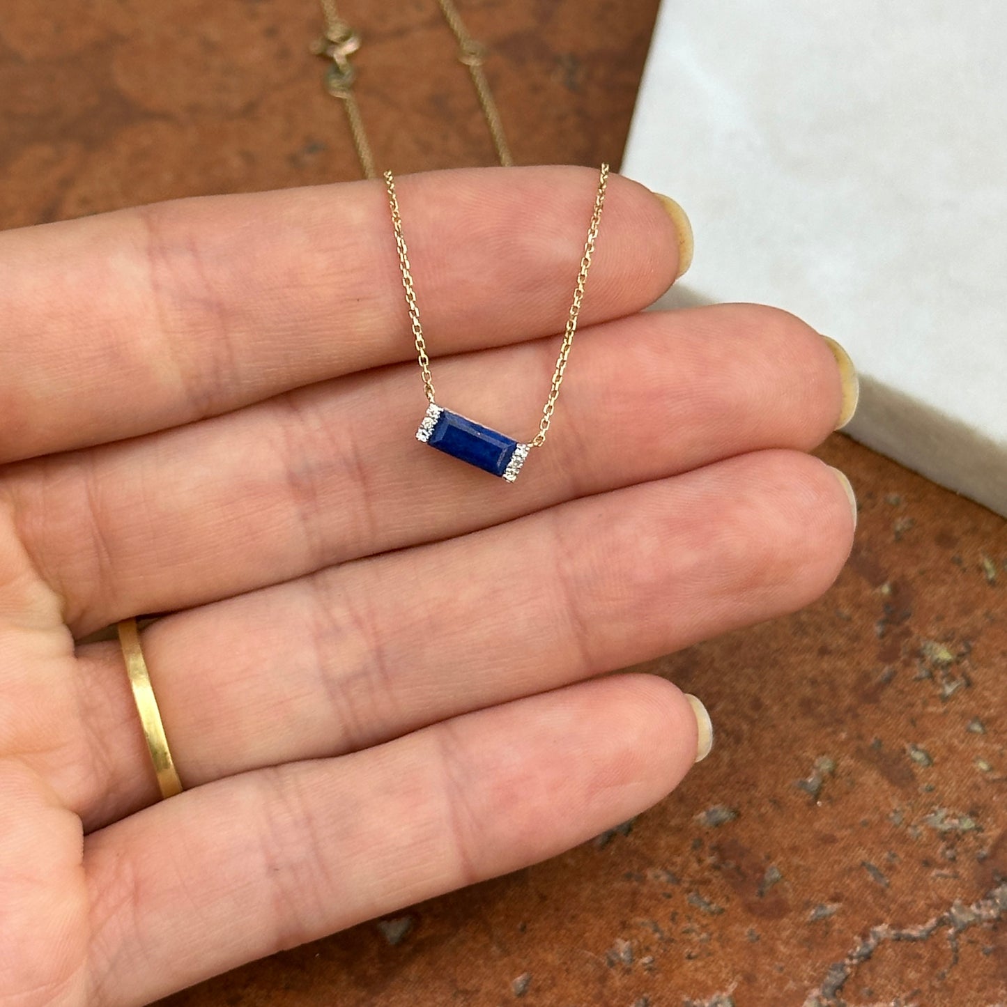 Estate Yellow Gold Blue Lapis Lazuli + Diamond Pendant Chain Necklace
