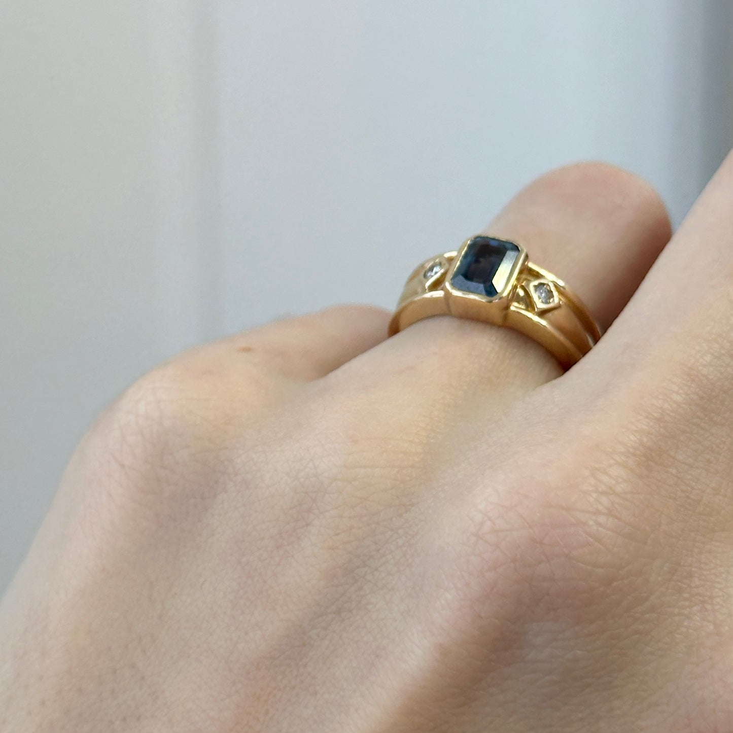 Estate 14KT Yellow Gold Emerald-Cut Medium Blue Sapphire + Diamond Band Ring