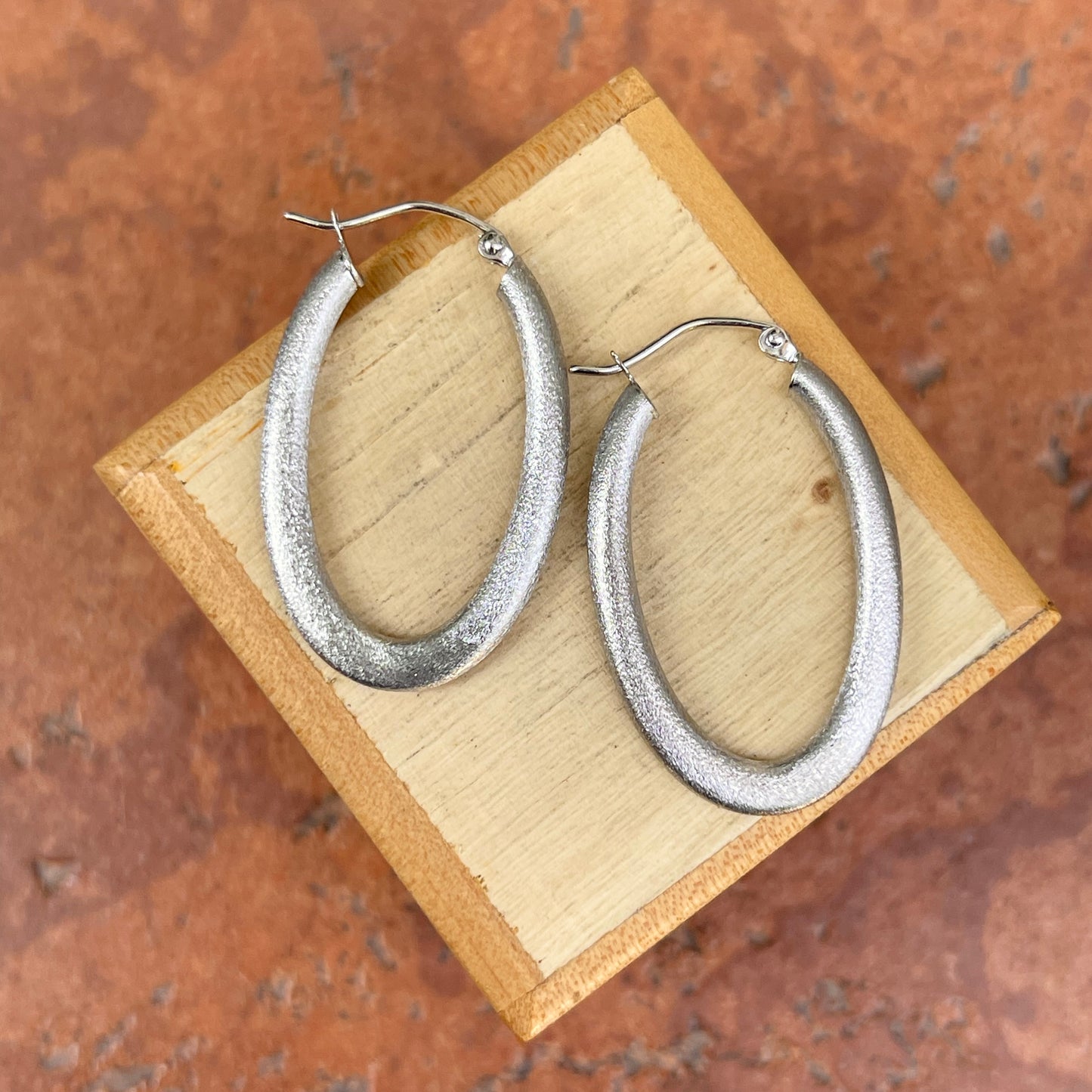 14KT White Gold Matte Finish Oval Hoop Earrings