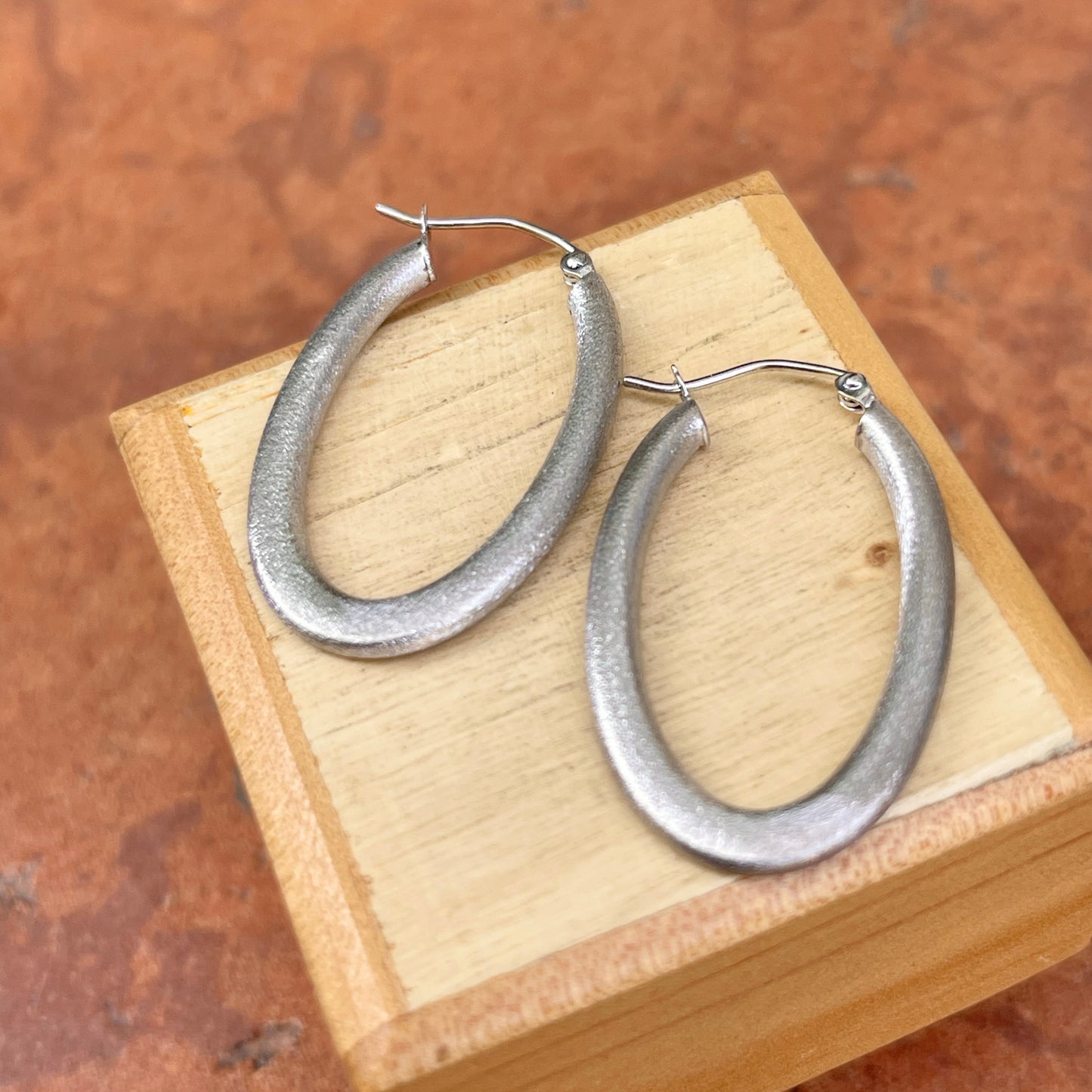 14KT White Gold Matte Finish Oval Hoop Earrings