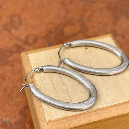 14KT White Gold Matte Finish Oval Hoop Earrings