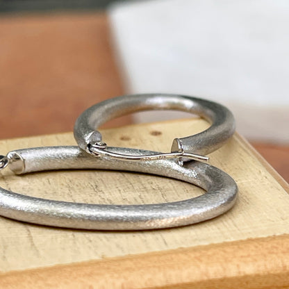 14KT White Gold Matte Finish Oval Hoop Earrings