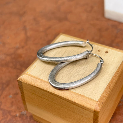 14KT White Gold Matte Finish Oval Hoop Earrings