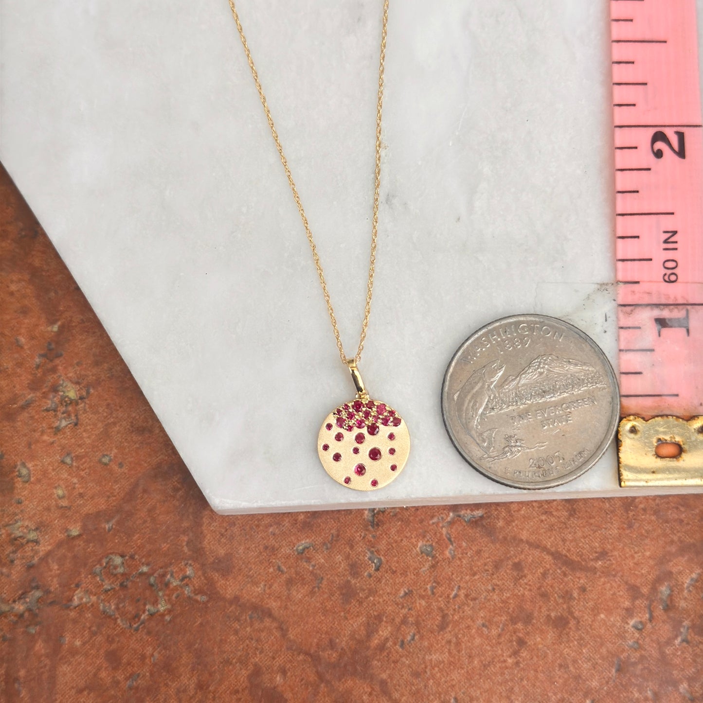 14KT Yellow Gold Scattered Ruby Gypsy Set Disc Pendant Chain Necklace