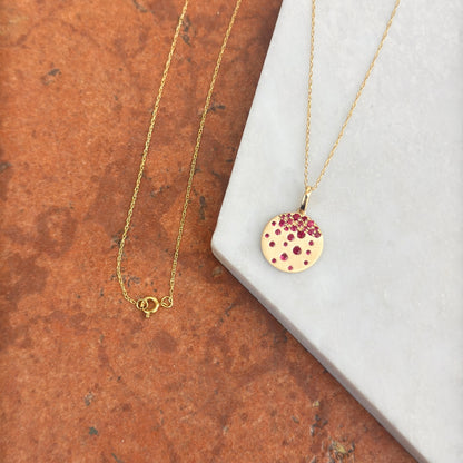 14KT Yellow Gold Scattered Ruby Gypsy Set Disc Pendant Chain Necklace