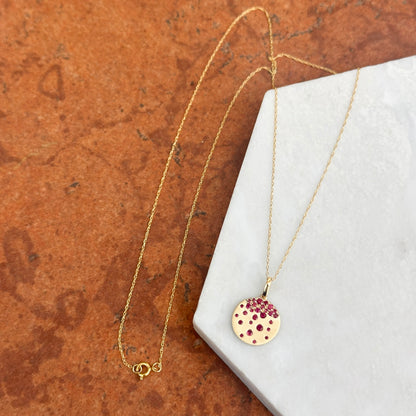 14KT Yellow Gold Scattered Ruby Gypsy Set Disc Pendant Chain Necklace