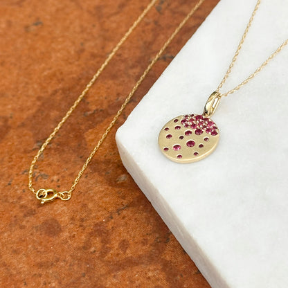 14KT Yellow Gold Scattered Ruby Gypsy Set Disc Pendant Chain Necklace