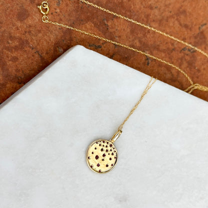 14KT Yellow Gold Scattered Ruby Gypsy Set Disc Pendant Chain Necklace