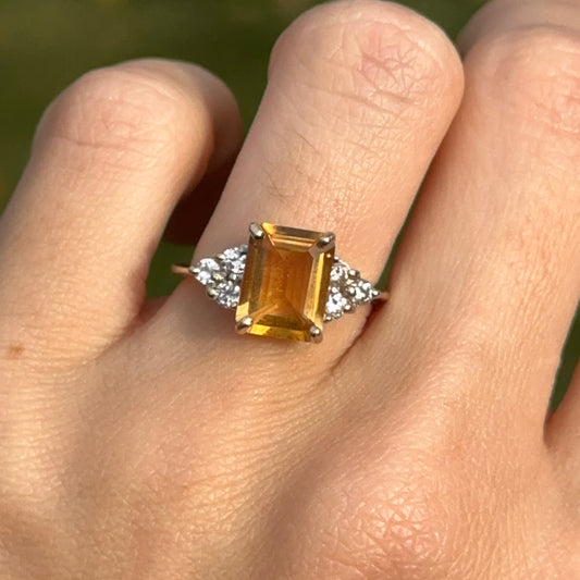 Estate 14KT Yellow Gold Emerald-Cut Citrine + Diamond Statement Ring