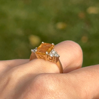 Estate 14KT Yellow Gold Emerald-Cut Citrine + Diamond Statement Ring