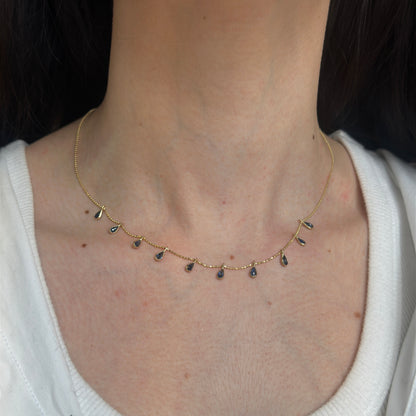 Estate 14KT Yellow Gold Teardrop Blue Sapphire Station Dangle Chain Necklace Adjustable