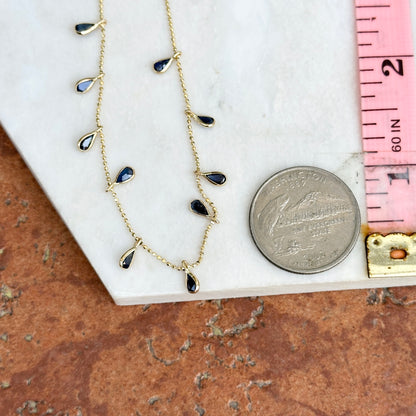 Estate 14KT Yellow Gold Teardrop Blue Sapphire Station Dangle Chain Necklace Adjustable