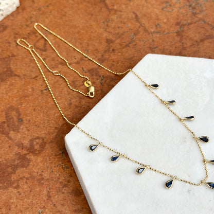 Estate 14KT Yellow Gold Teardrop Blue Sapphire Station Dangle Chain Necklace Adjustable