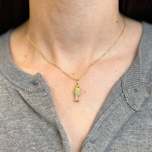 14KT Yellow Gold Fish Puffed Pendant Charm 15mm Mini
