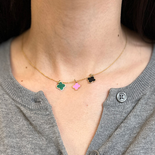 14KT Yellow Gold Green Malachite Inlay Clover Pendant Charm 10mm