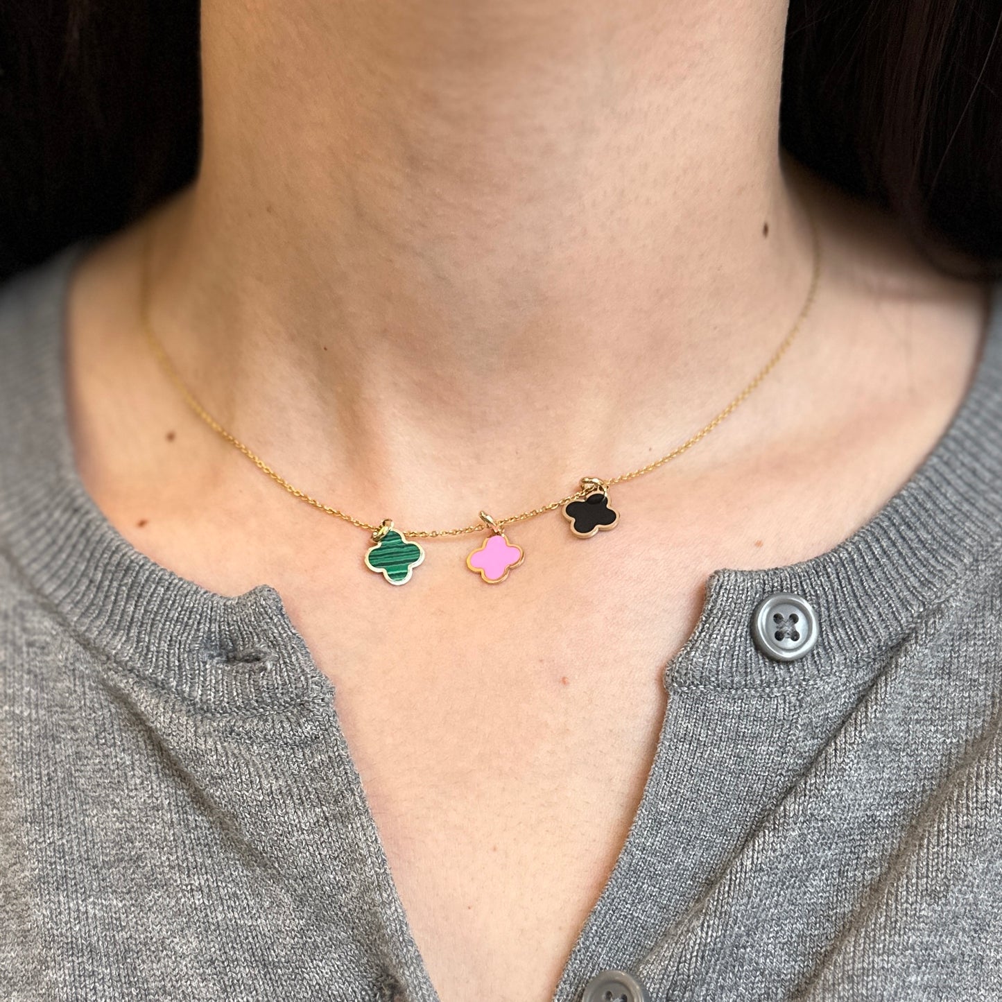 14KT Yellow Gold 4-Leaf Dark Pink Enamel Inlay Clover Pendant Charm 10mm