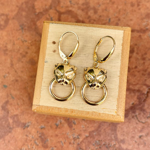 14KT Yellow Gold Panther Head + Ring Lever Back Earrings