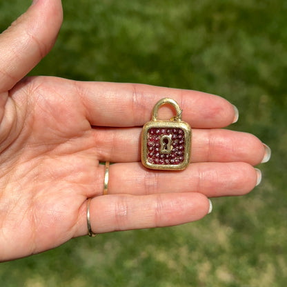 Estate 14KT Yellow Gold Ruby Matte Large Padlock Pendant