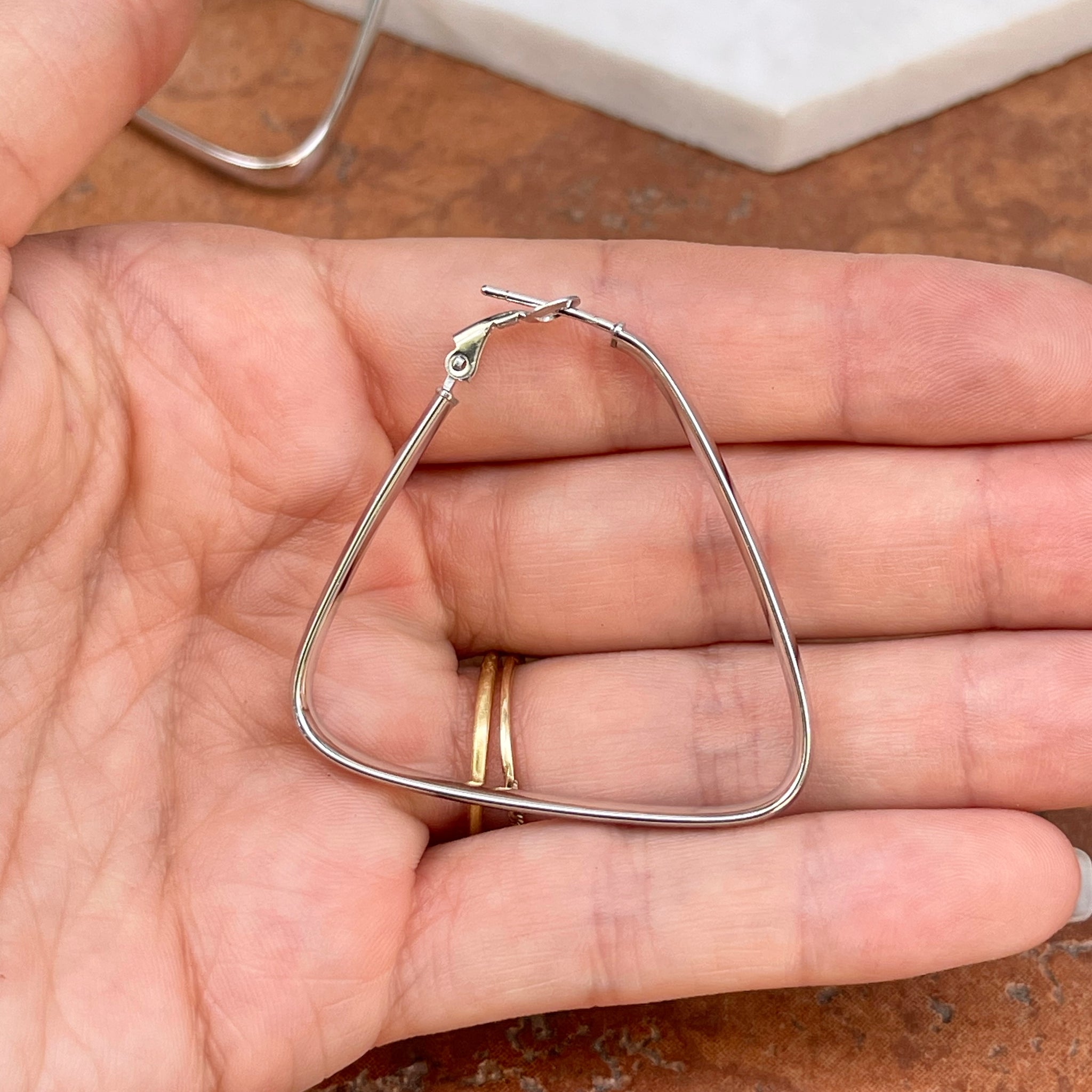 14KT White Gold Triangle Hoop Omega Back Earrings 40mm – LSJ