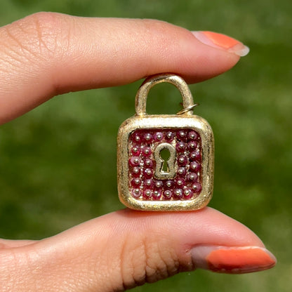 Estate 14KT Yellow Gold Ruby Matte Large Padlock Pendant