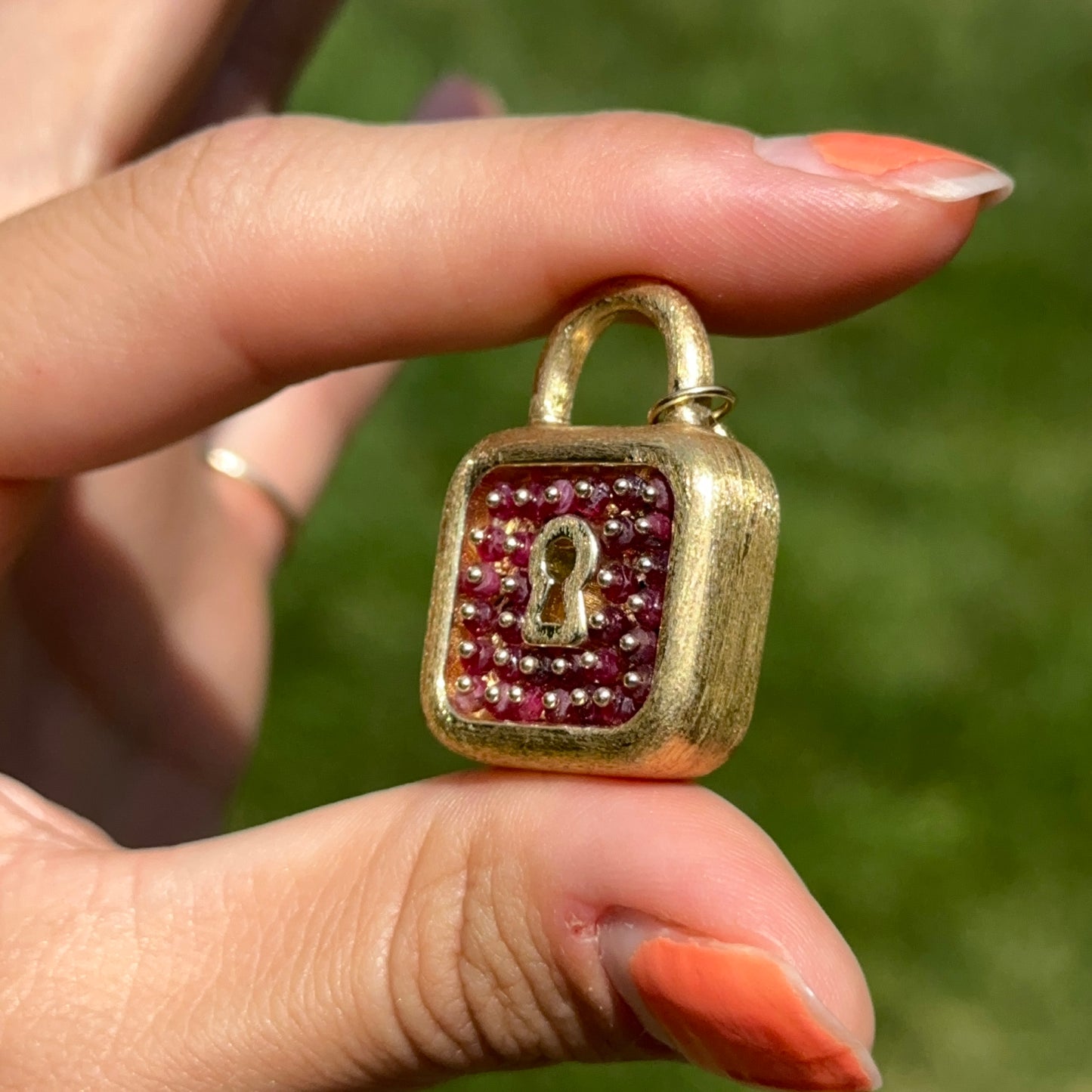 Estate 14KT Yellow Gold Ruby Matte Large Padlock Pendant