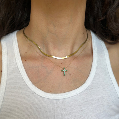 14KT Yellow Gold Emerald + Diamond Cross Pendant Chain Necklace