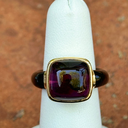 Estate 18KT Yellow Gold Black Onyx Band + Cabochon Rhodolite Garnet Ring