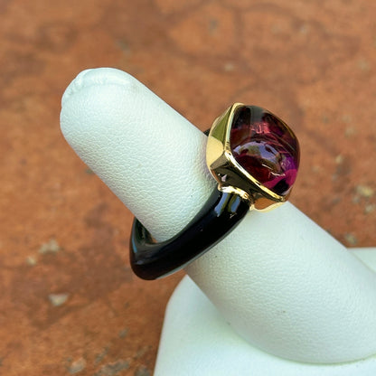 Estate 18KT Yellow Gold Black Onyx Band + Cabochon Rhodolite Garnet Ring