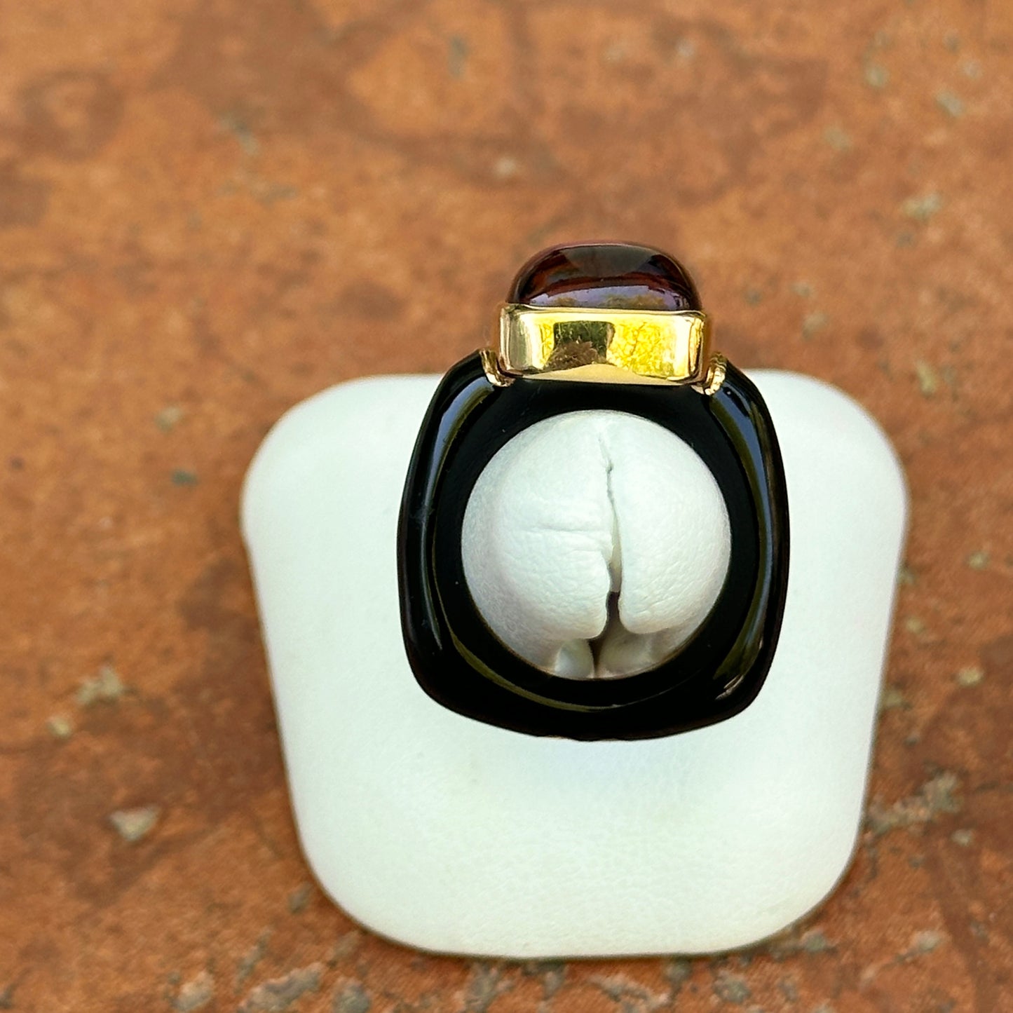 Estate 18KT Yellow Gold Black Onyx Band + Cabochon Rhodolite Garnet Ring
