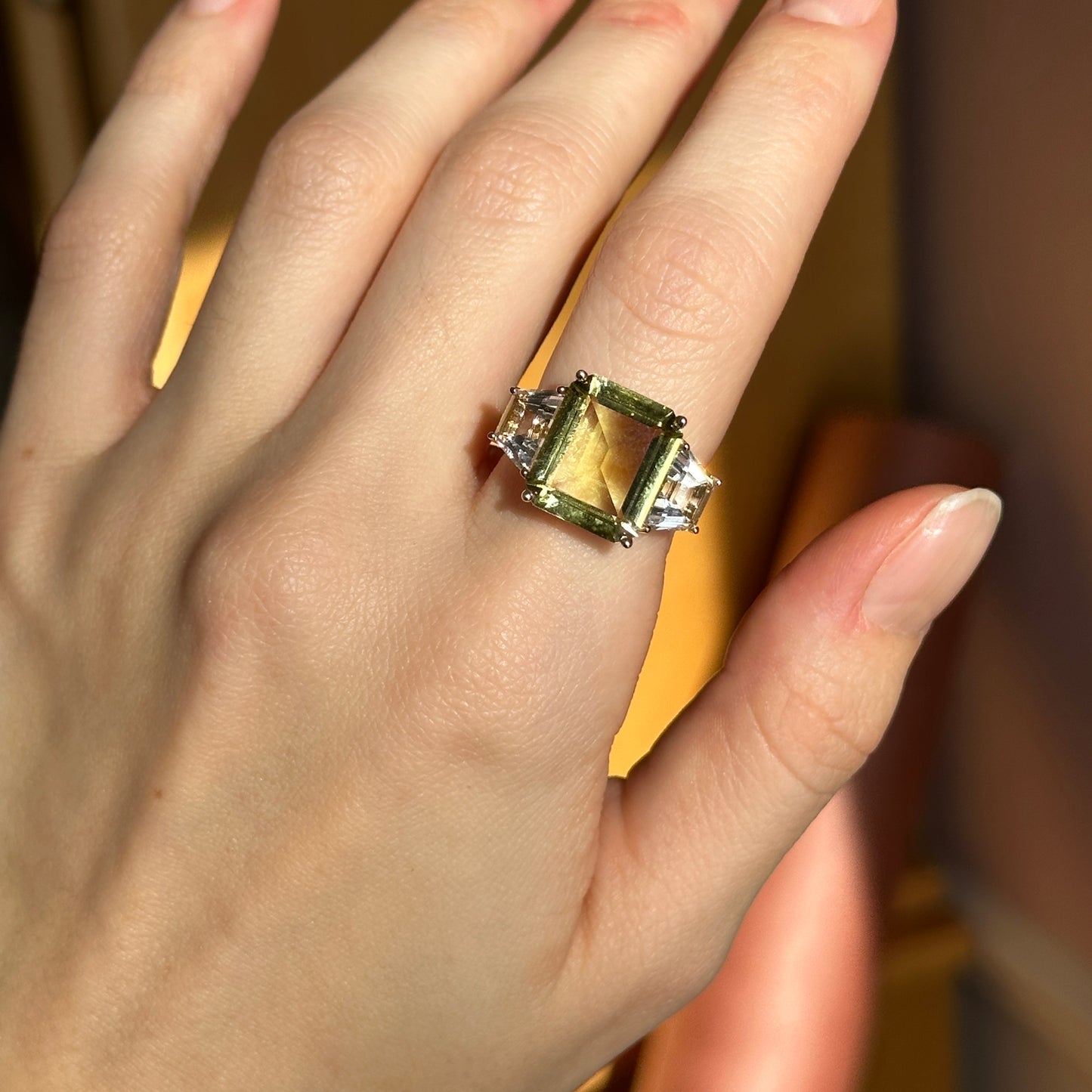 Estate 14KT Yellow Gold Emerald-Cut Citrine + White Topaz Ring