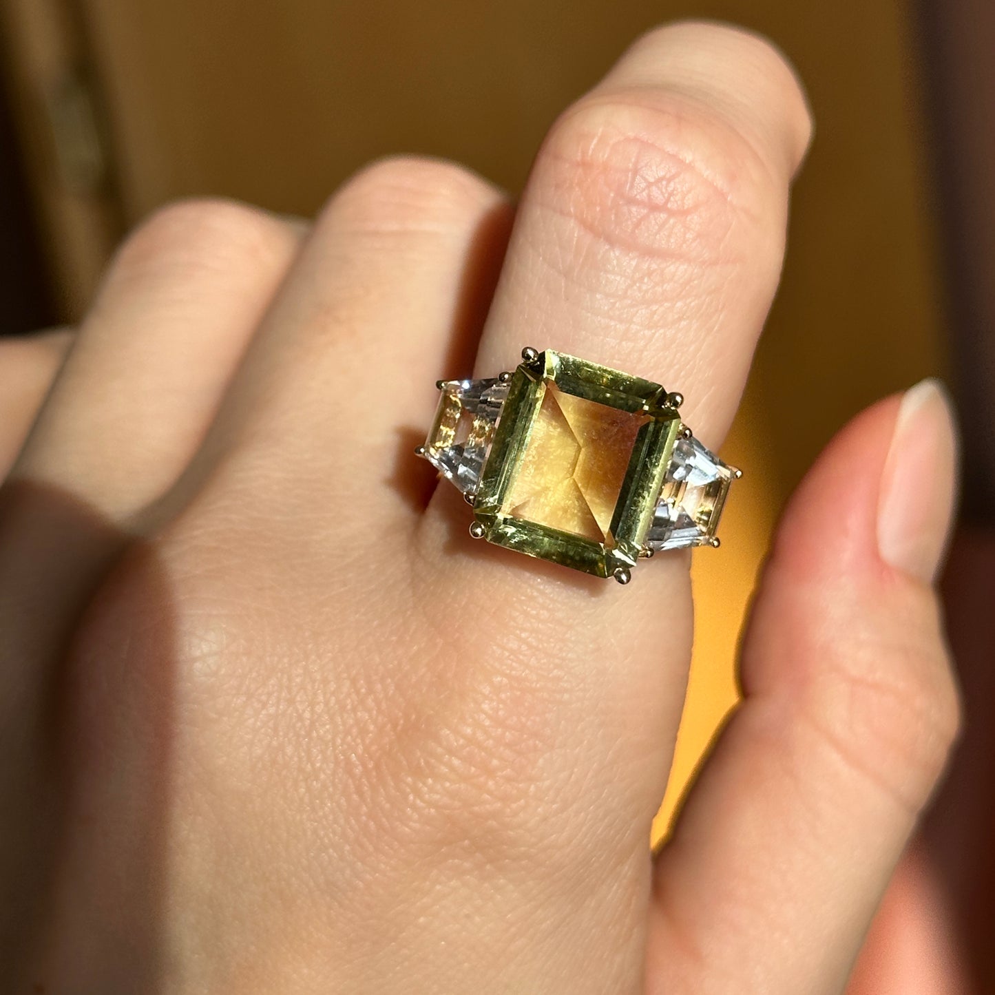 Estate 14KT Yellow Gold Emerald-Cut Citrine + White Topaz Ring