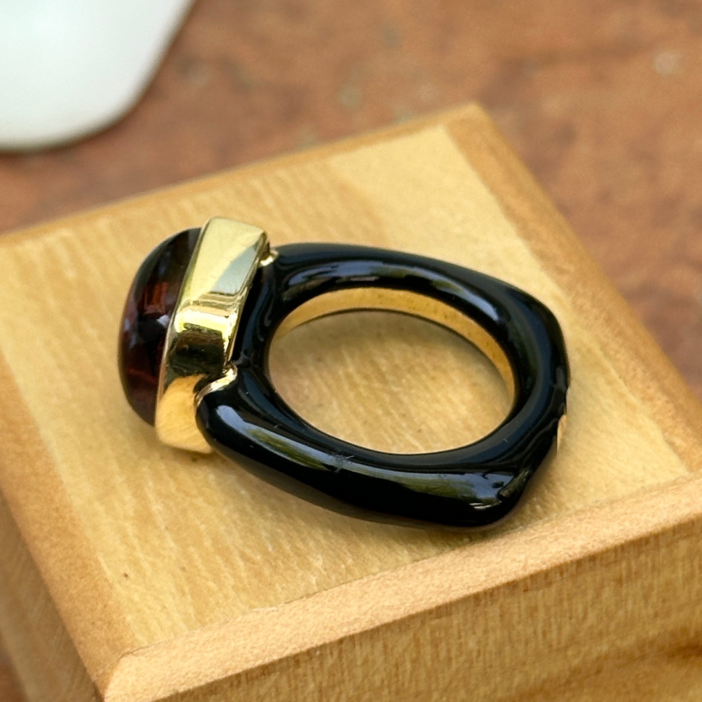 Estate 18KT Yellow Gold Black Onyx Band + Cabochon Rhodolite Garnet Ring
