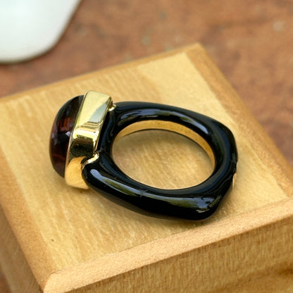 Estate 18KT Yellow Gold Black Onyx Band + Cabochon Rhodolite Garnet Ring