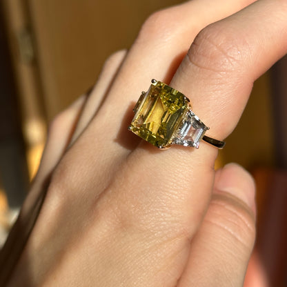 Estate 14KT Yellow Gold Emerald-Cut Citrine + White Topaz Ring