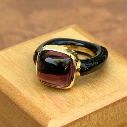 Estate 18KT Yellow Gold Black Onyx Band + Cabochon Rhodolite Garnet Ring