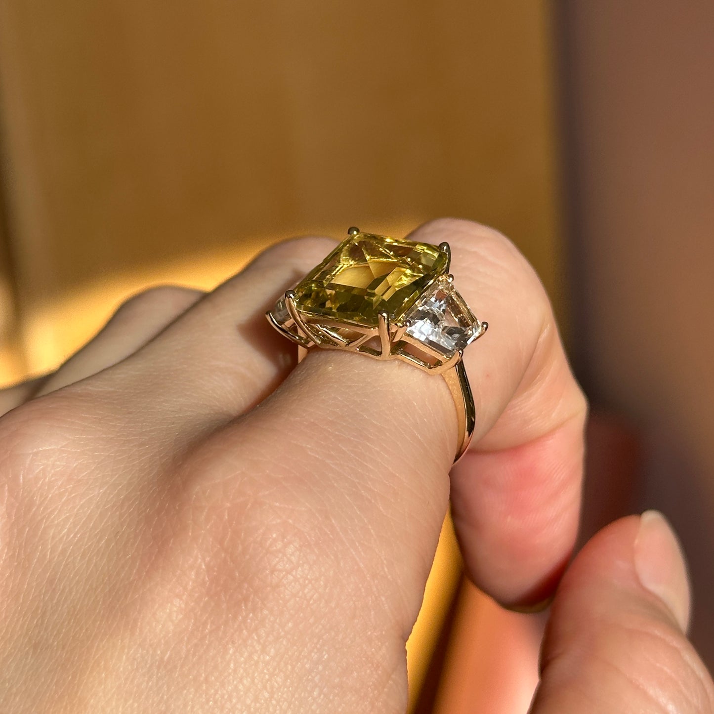 Estate 14KT Yellow Gold Emerald-Cut Citrine + White Topaz Ring