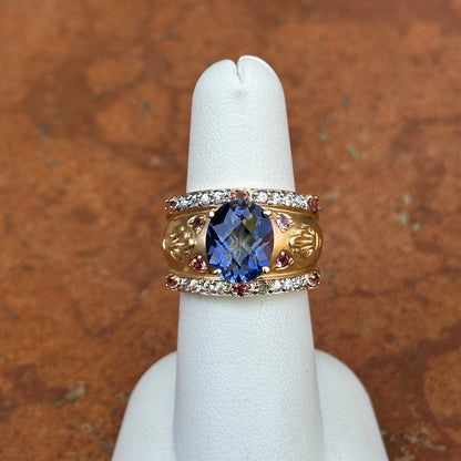 Estate Etruscan 14KT Yellow Gold Blue Topaz, Diamonds + Pink Tourmaline Ring