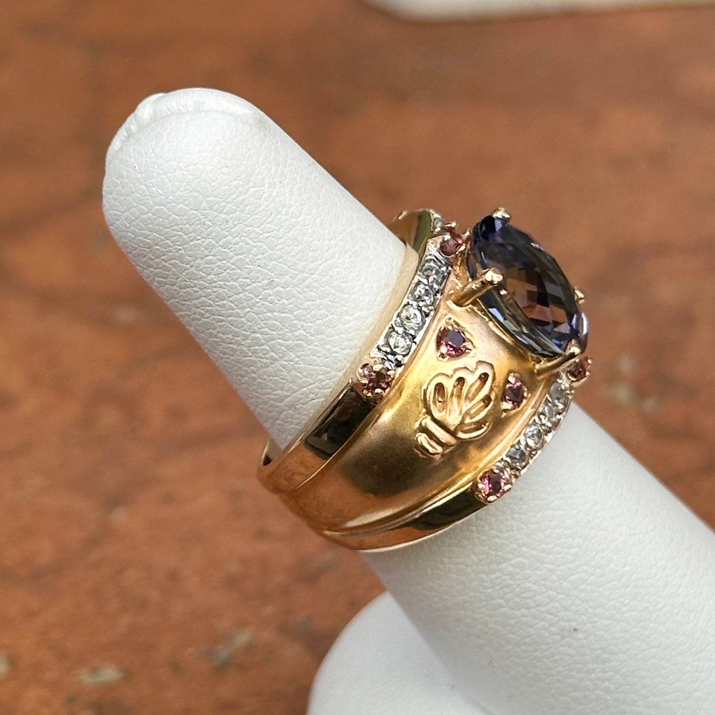 Estate Etruscan 14KT Yellow Gold Blue Topaz, Diamonds + Pink Tourmaline Ring