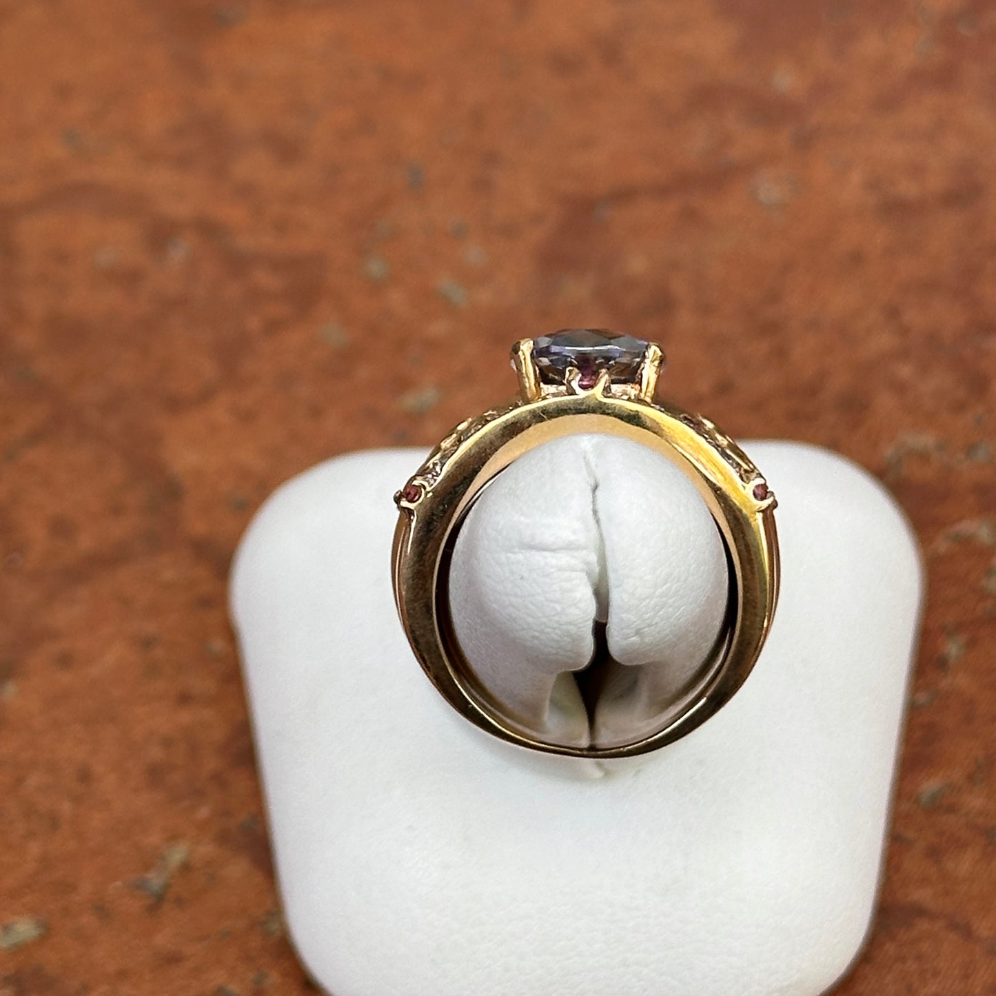 Estate Etruscan 14KT Yellow Gold Blue Topaz, Diamonds + Pink Tourmaline Ring