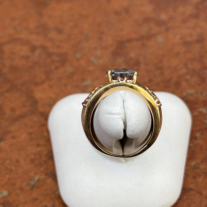 Estate Etruscan 14KT Yellow Gold Blue Topaz, Diamonds + Pink Tourmaline Ring