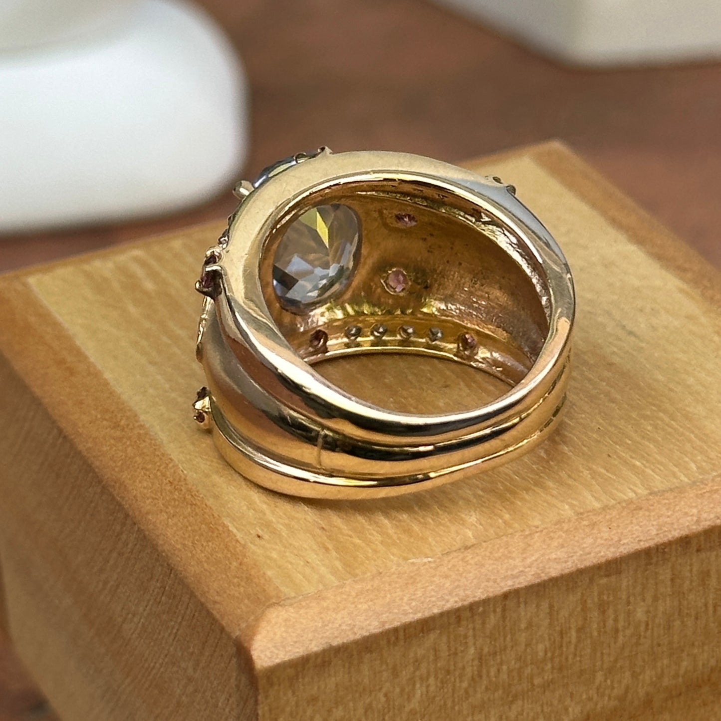 Estate Etruscan 14KT Yellow Gold Blue Topaz, Diamonds + Pink Tourmaline Ring