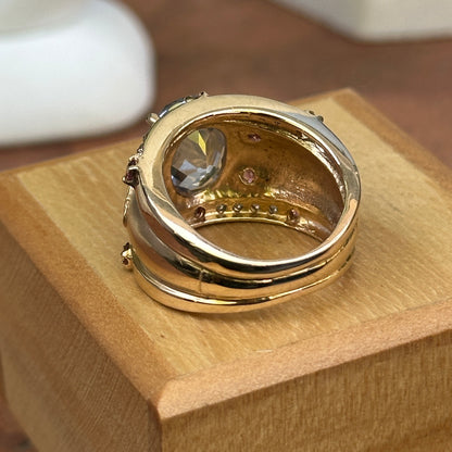 Estate Etruscan 14KT Yellow Gold Blue Topaz, Diamonds + Pink Tourmaline Ring