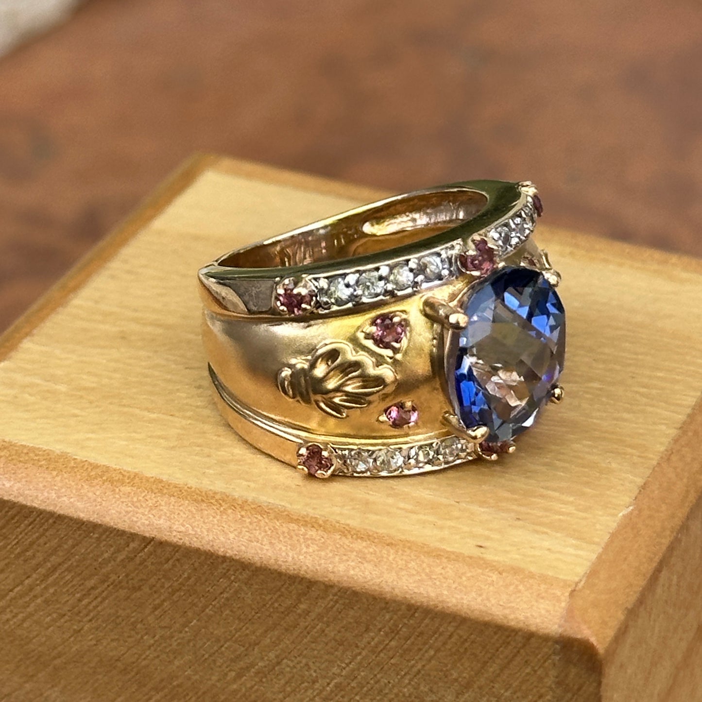 Estate Etruscan 14KT Yellow Gold Blue Topaz, Diamonds + Pink Tourmaline Ring