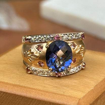 Estate Etruscan 14KT Yellow Gold Blue Topaz, Diamonds + Pink Tourmaline Ring