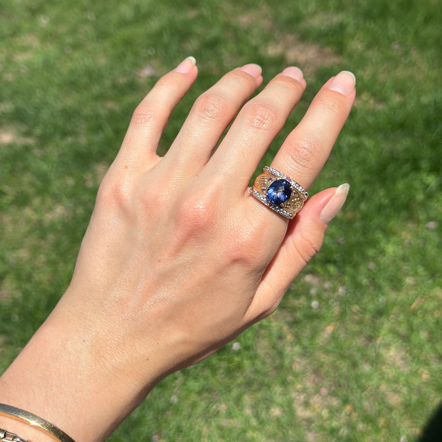 Estate Etruscan 14KT Yellow Gold Blue Topaz, Diamonds + Pink Tourmaline Ring