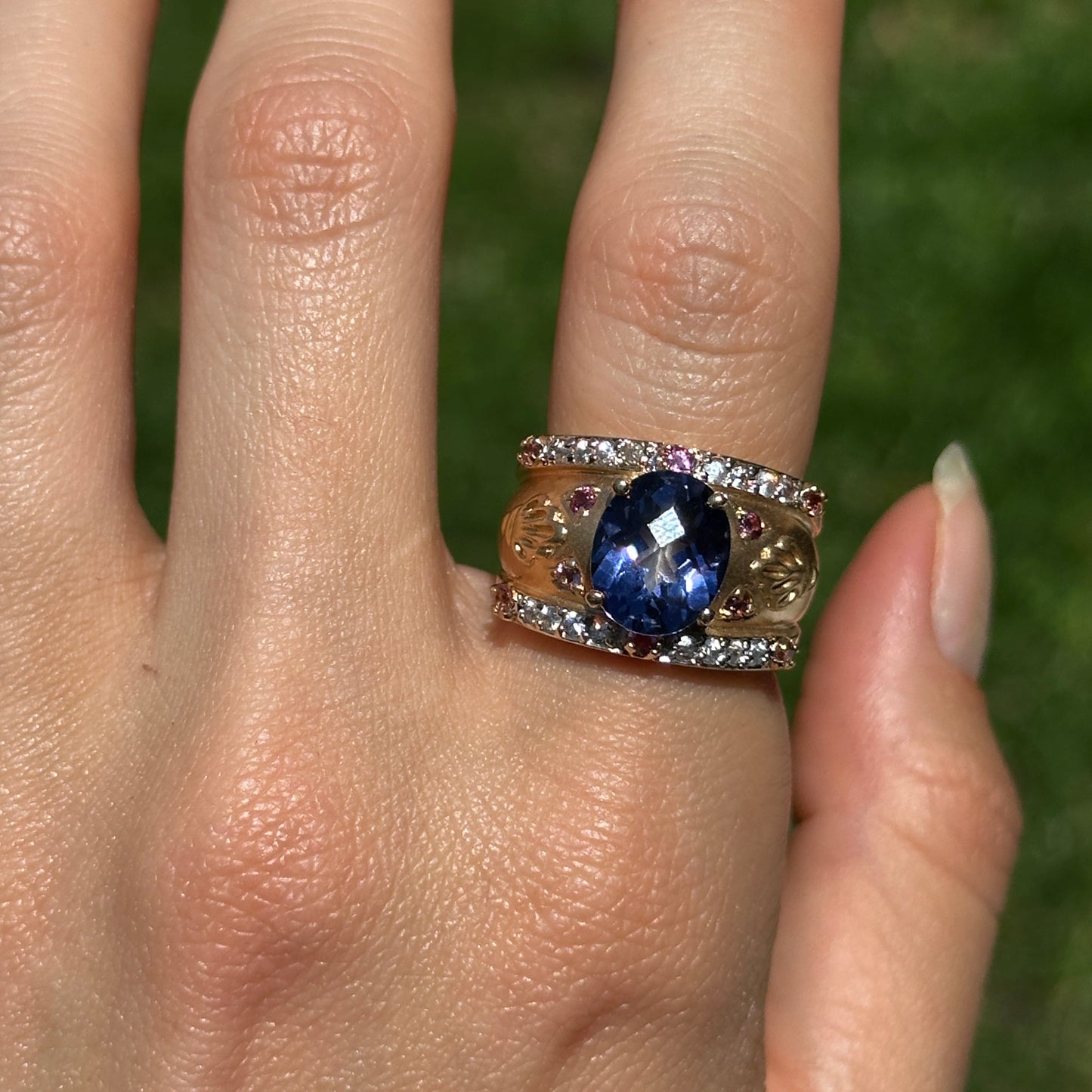 Estate Etruscan 14KT Yellow Gold Blue Topaz, Diamonds + Pink Tourmaline Ring