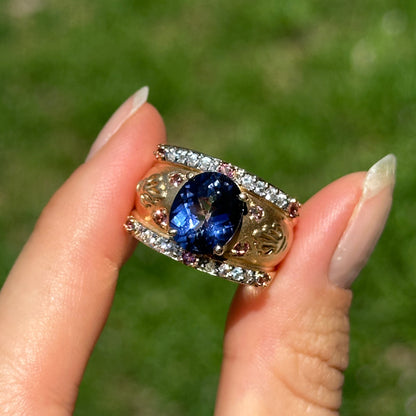 Estate Etruscan 14KT Yellow Gold Blue Topaz, Diamonds + Pink Tourmaline Ring