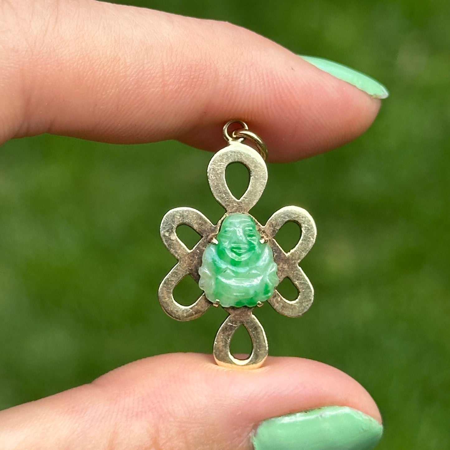 Estate 14KT Yellow Gold Ornate Carved Green Jade Buddha Pendant
