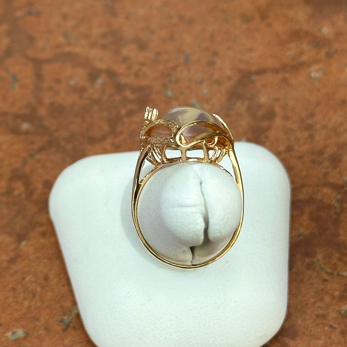 Estate 14KT Genuine Teardrop Pink Mabe Pearl + Diamond Ring