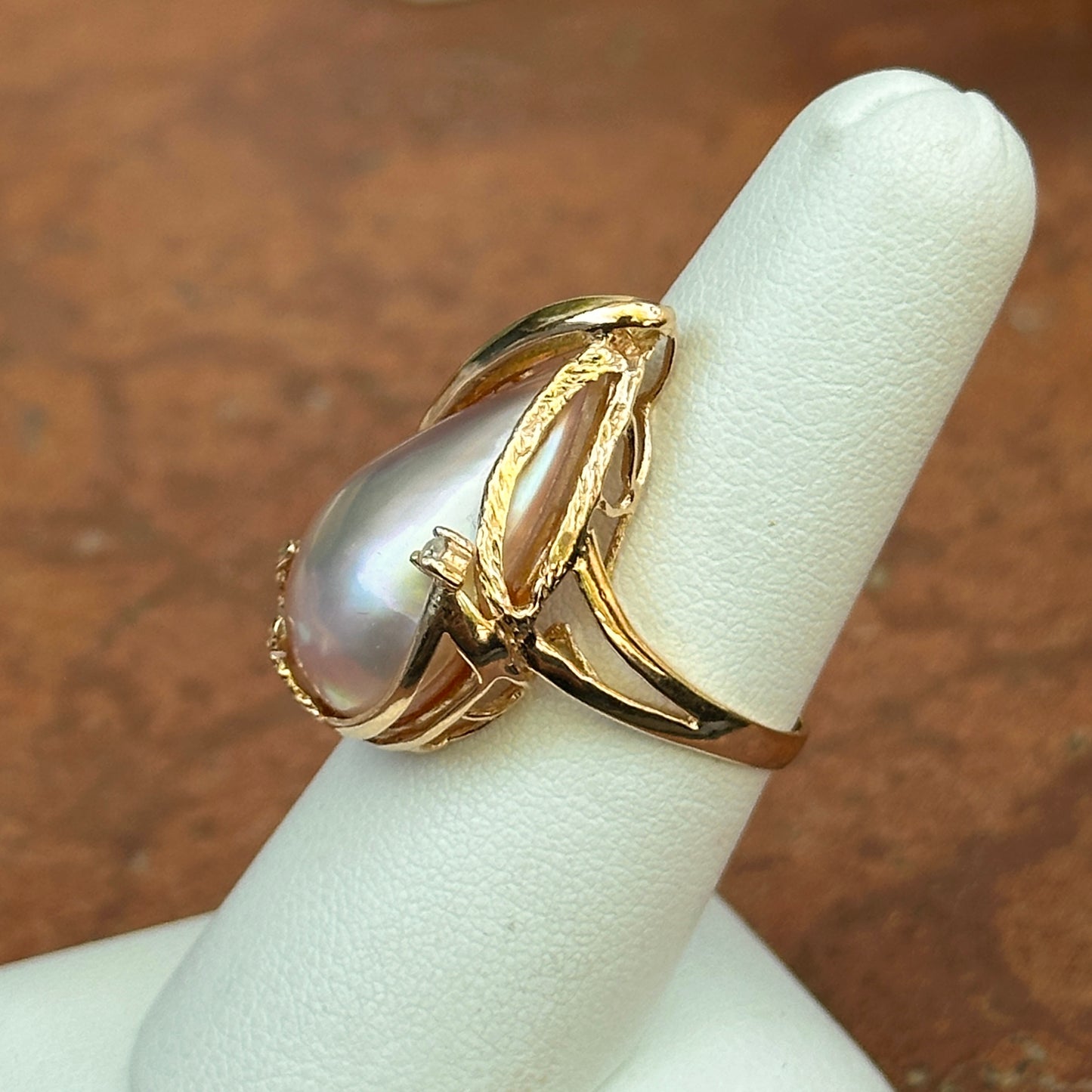 Estate 14KT Genuine Teardrop Pink Mabe Pearl + Diamond Ring